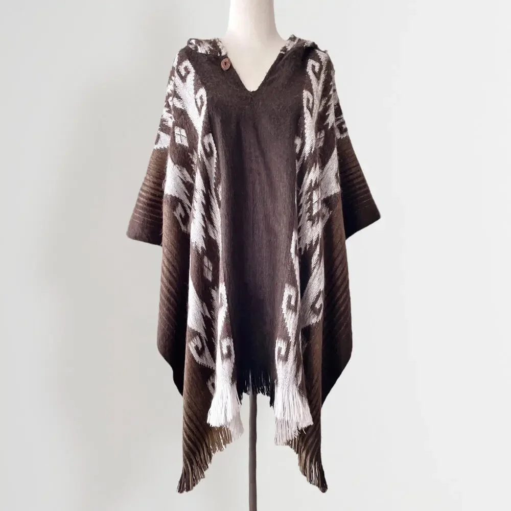 Vintage Alpaca Wool Blend Hooded Poncho Brown White One Size Aztec Boho - Picture 5 of 8